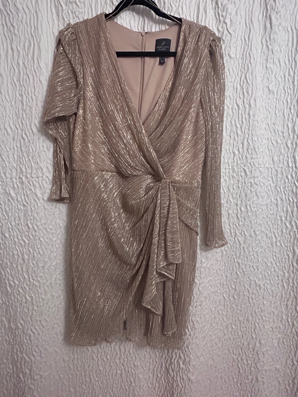 Adrianna Papell Metallic Champagne Long Sleeve Wrap Dress